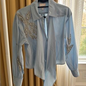 Cinq à Sept bejeweled blue blouse